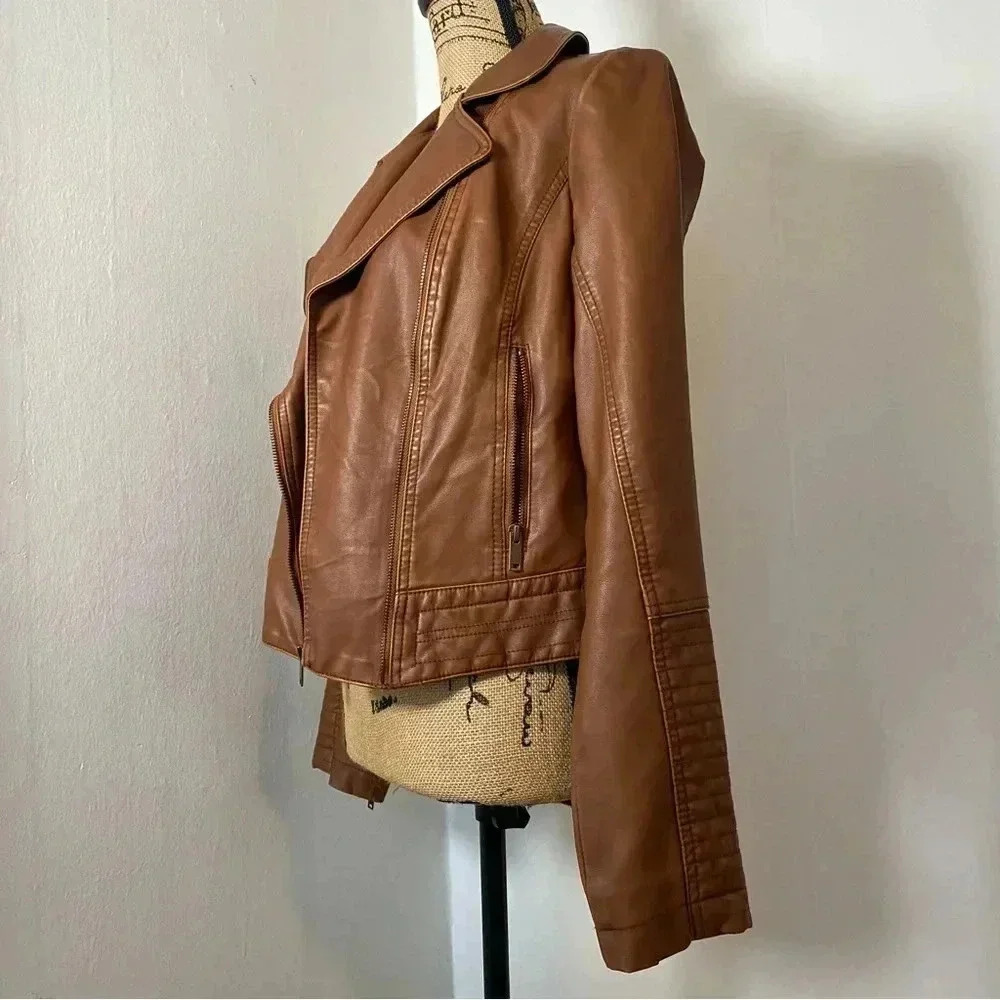 Tan Faux Leather Bomber Jacket Women’s Extra Small - Picture 4 of 7